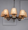 Antique Aluminium 8-Light Tapered Beige Cane Shade Ceiling Chandelier Hanging