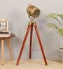 Antique Brass Metal Shade Tripod Floor Lamp With Mango wood Base