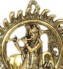 Antique Golden Aluminium Lord Krishna Playing A Flute With Cow At The Back And A Divine Halo For Home Decor Idol
