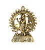 Antique Golden Aluminium Lord Krishna Playing A Flute With Cow At The Back And A Divine Halo For Home Decor Idol