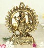 Antique Golden Aluminium Lord Krishna Playing A Flute With Cow At The Back And A Divine Halo For Home Decor Idol