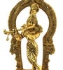 Antique Golden Aluminium Lord Krishna Playing Flute With A Frame At The Back Carved In Antique Golden Finish Idol