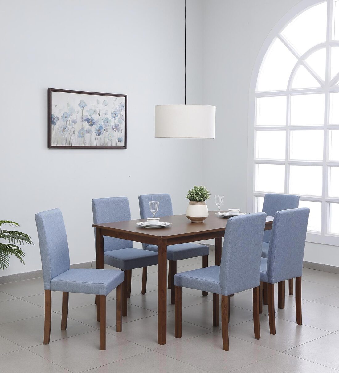 Buy Aoki Solid Wood 6 Seater Dining Set in Cocoa & Tempo Teal Finish at