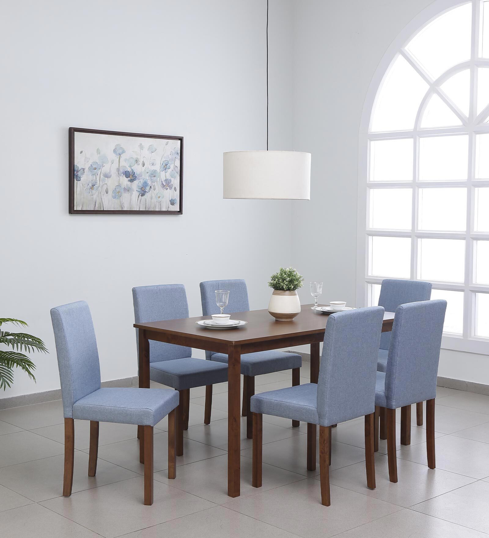 Aoki Solid Wood 6 Seater Dining Set in Cocoa & Tempo Teal Finish