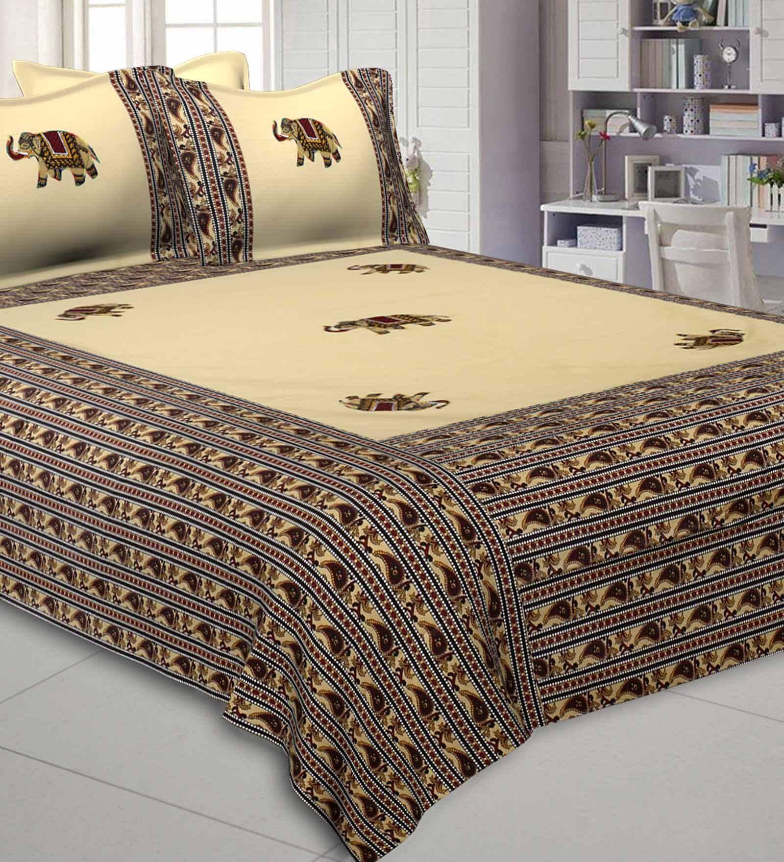 Cream Jaipuri Hand Made Embroidery Patch Work 240 TC Cotton 1 Double Bedsheet with 2 Pillow Covers