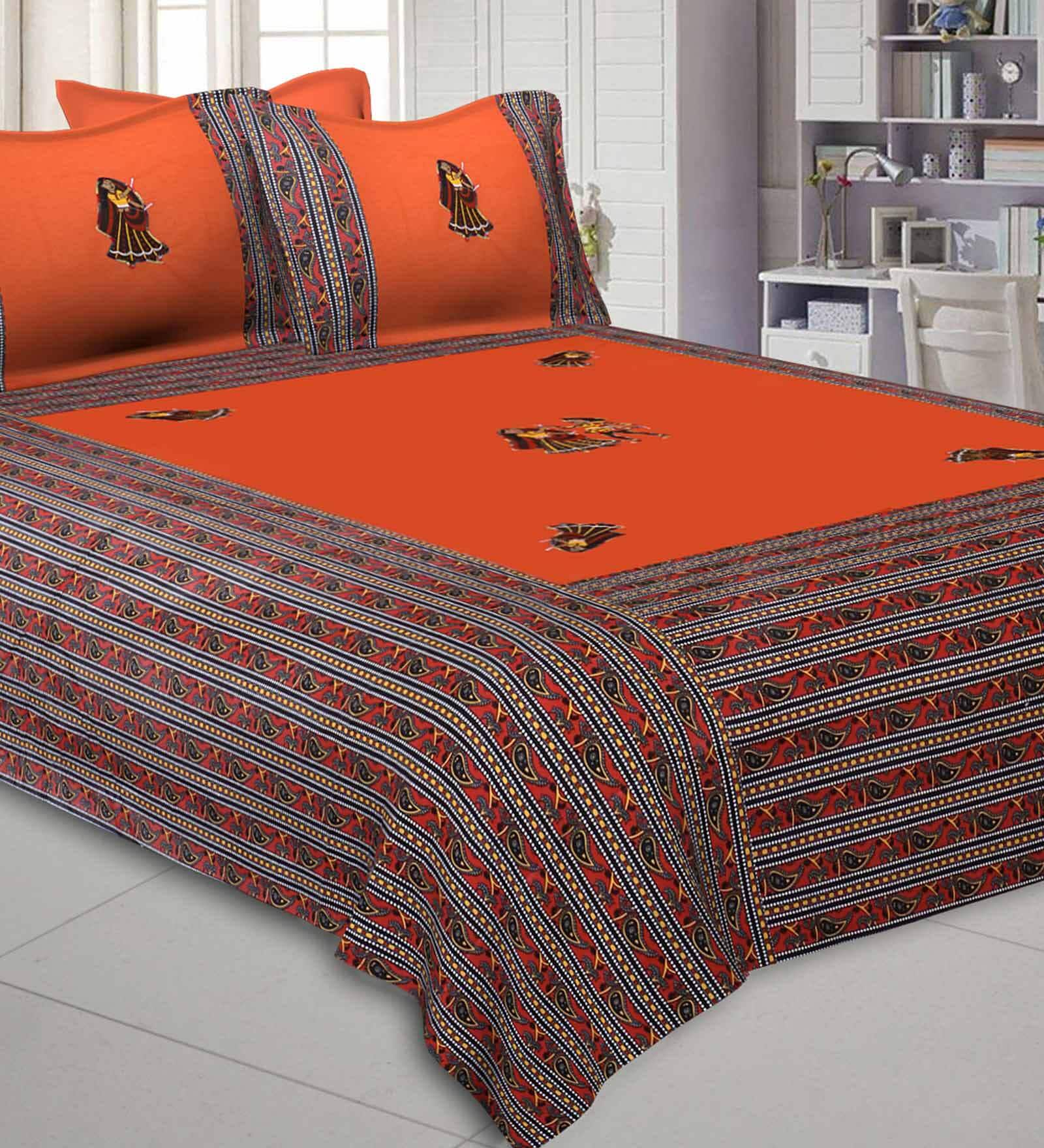 Orange Jaipuri Hand Made Embroidery Patch Work 240 TC Cotton 1 Double Bedsheet with 2 Pillow Covers