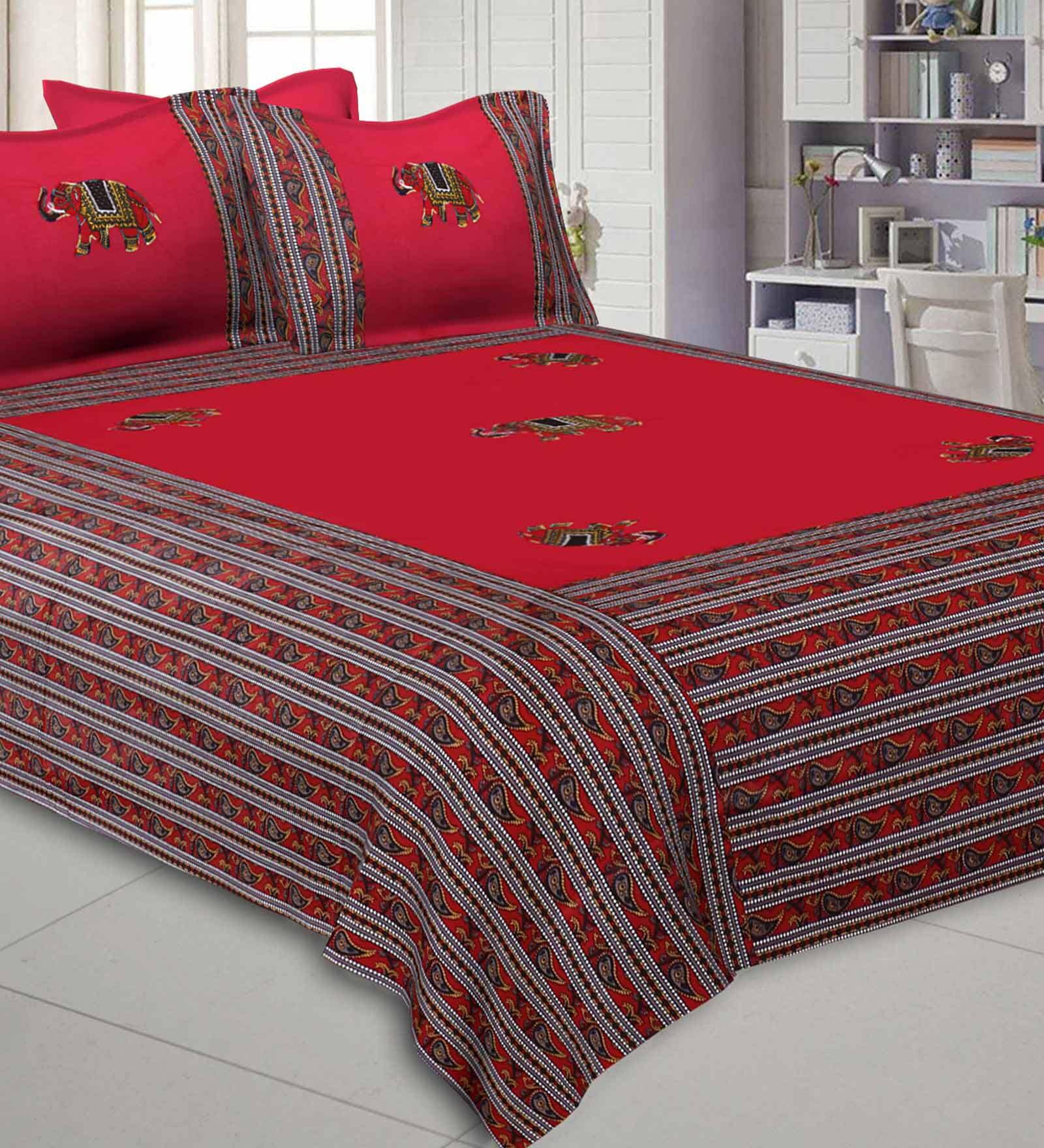 Red Jaipuri Hand Made Embroidery Patch Work 240 TC Cotton 1 Double Bedsheet with 2 Pillow Covers