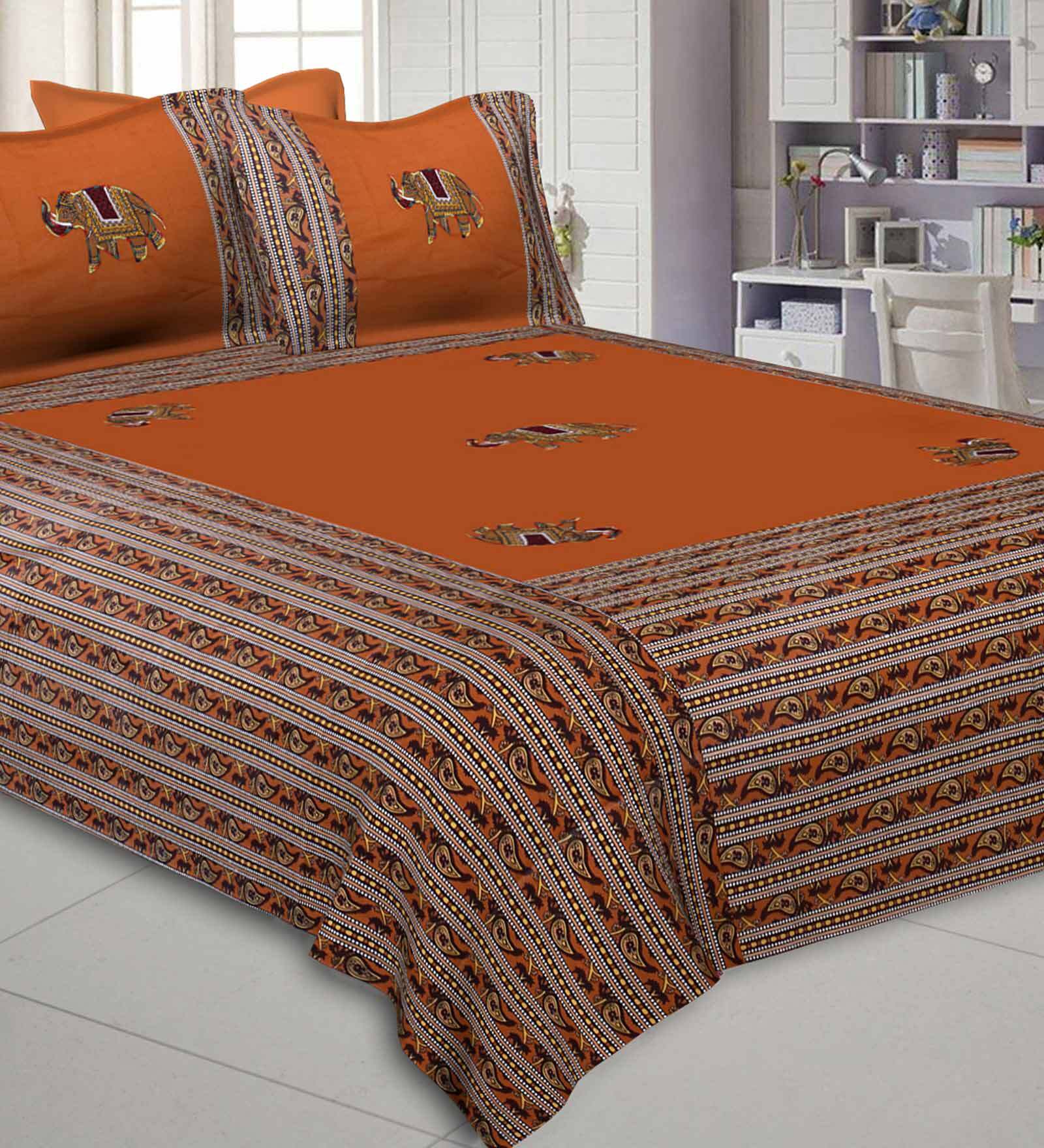 Orange Jaipuri Hand Made Embroidery Patch Work 240 TC Cotton 1 Double Bedsheet with 2 Pillow Covers