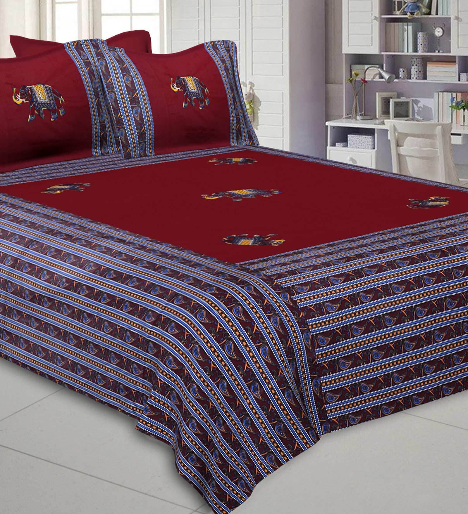 Maroon Jaipuri Hand Made Embroidery Patch Work 240 TC Cotton 1 Double Bedsheet with 2 Pillow Covers