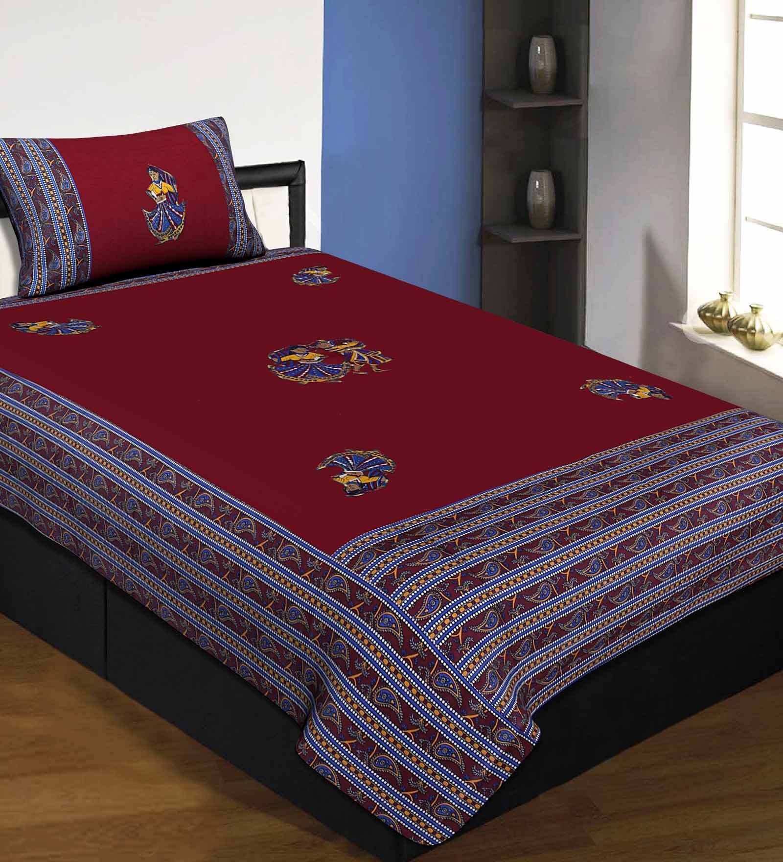 Maroon Jaipuri Hand Made Embroidery Patch Work 240 TC Cotton 1 Single Bedhseet with 1 Pillow Cover