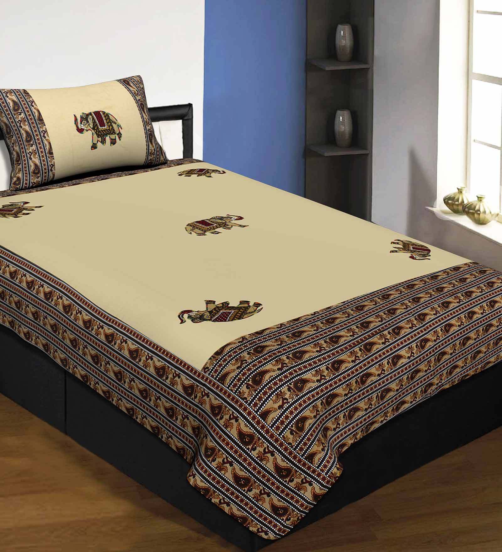 Cream Jaipuri Hand Made Embroidery Patch Work 240 TC Cotton 1 Single Bedhseet with 1 Pillow Cover