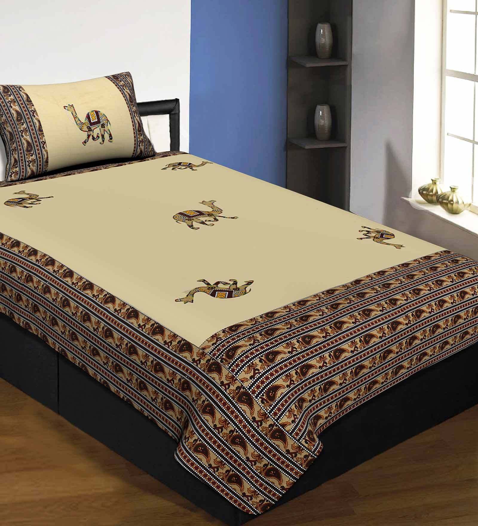 Cream Jaipuri Hand Made Embroidery Patch Work 240 TC Cotton 1 Single Bedhseet with 1 Pillow Cover