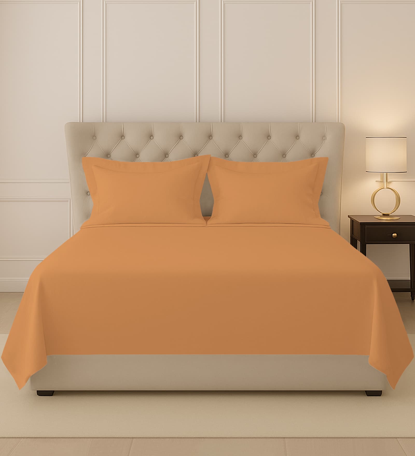 Apricot Orange Solid 400 TC Cotton King Sized Bedsheet with 2 Pillow Covers