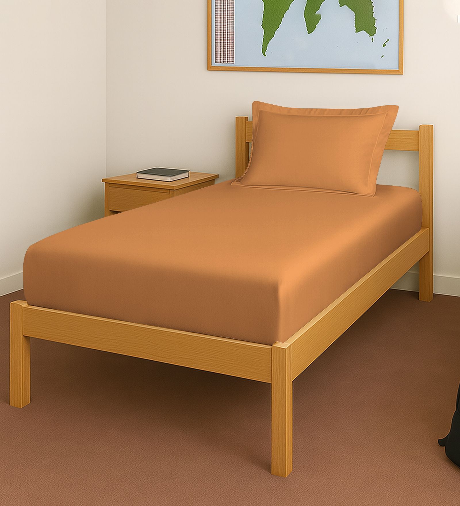 Apricot Orange Solid 400 TC Cotton Single Sized Fitted sheet with 1 Pillow Cover