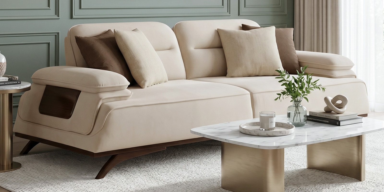 Apex Fabric 3 Seater Sofa with Adjustable Backrest  in Beige Colour