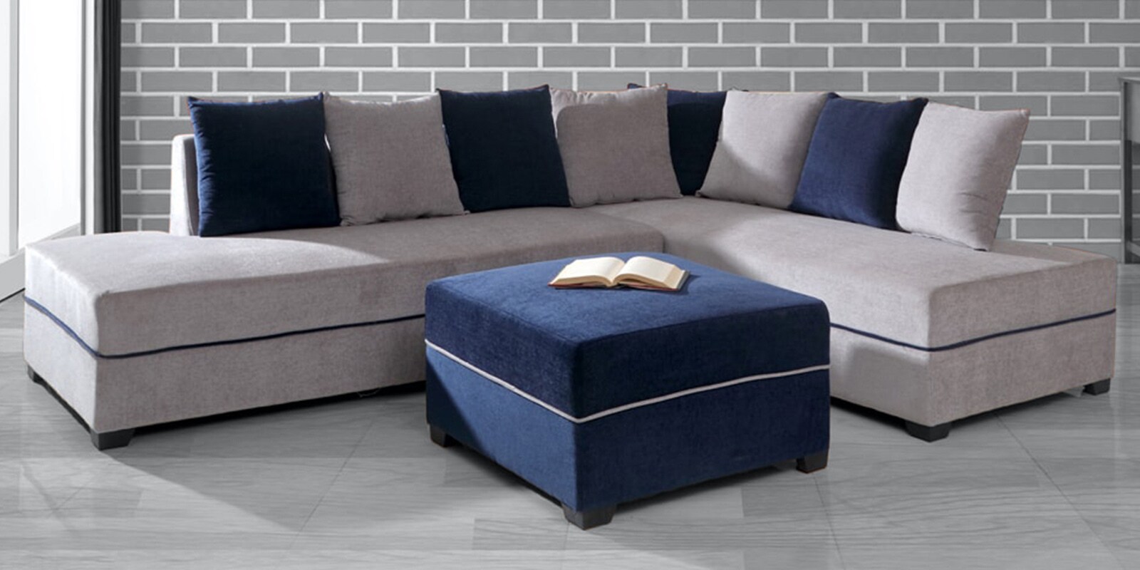 Apollo LHS Sectional Sofa with Ottoman in Grey & Blue Colour