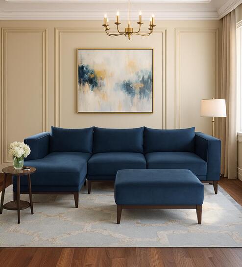 Apollo Velvet RHS Sectional Sofa (2+ Lounger) With Ottoman In Space Blue Color