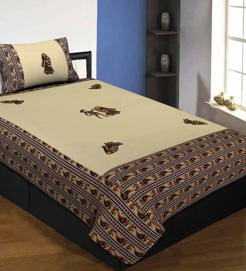 Cream Traditional 240 TC Cotton Blend Single Bed Sized Bed Sheets With 1 Pillow Cover by Jaipur Fabric
