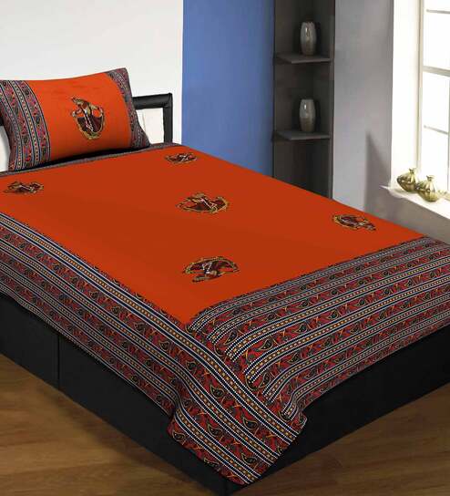 Orange Jaipuri Hand Made Embroidery Patch Work 240 TC Cotton 1 Single Bedhseet with 1 Pillow Cover