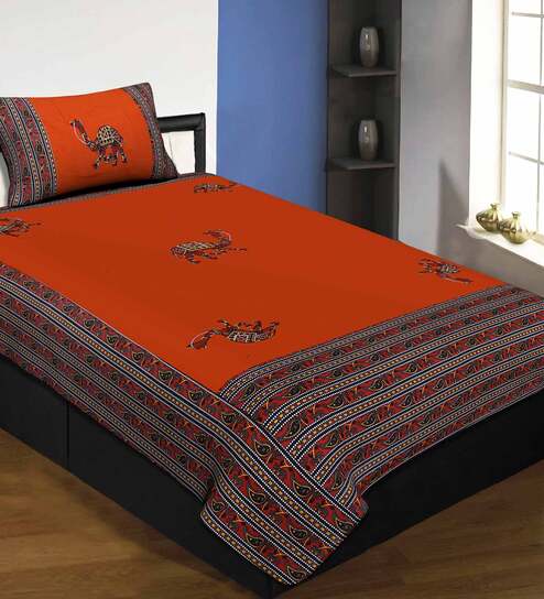 Orange Jaipuri Hand Made Embroidery Patch Work 240 TC Cotton 1 Single Bedhseet with 1 Pillow Cover by Jaipur Fabric