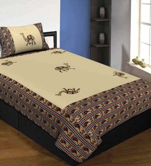 Cream Jaipuri Hand Made Embroidery Patch Work 240 TC Cotton 1 Single Bedhseet with 1 Pillow Cover by Jaipur Fabric