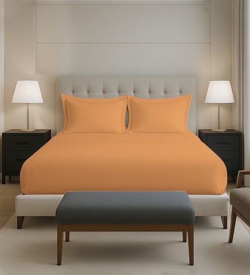 Apricot Orange Solid 400 TC Cotton King Sized Fitted sheet with 2 Pillow Covers