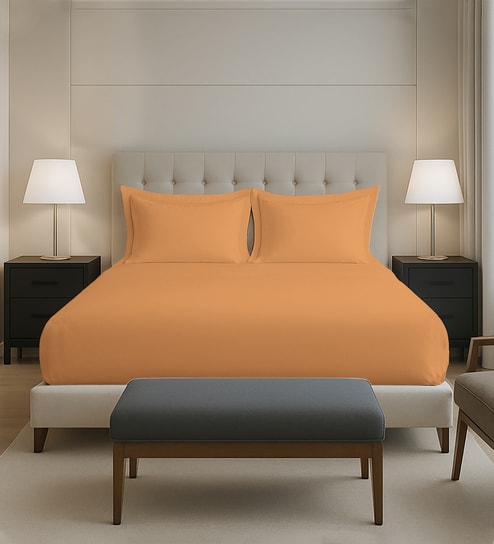 Apricot Orange Solid 400 TC Cotton Queen Sized Fitted sheet with 2 Pillow Covers