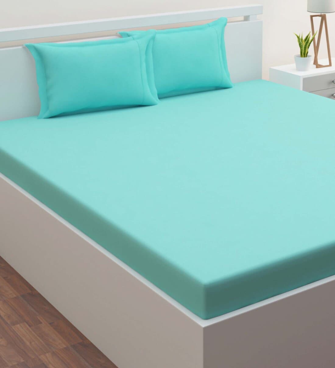 Buy Aqua Blue Solid 400 TC Cotton 1 Bedsheet with 2 Pillow Covers By