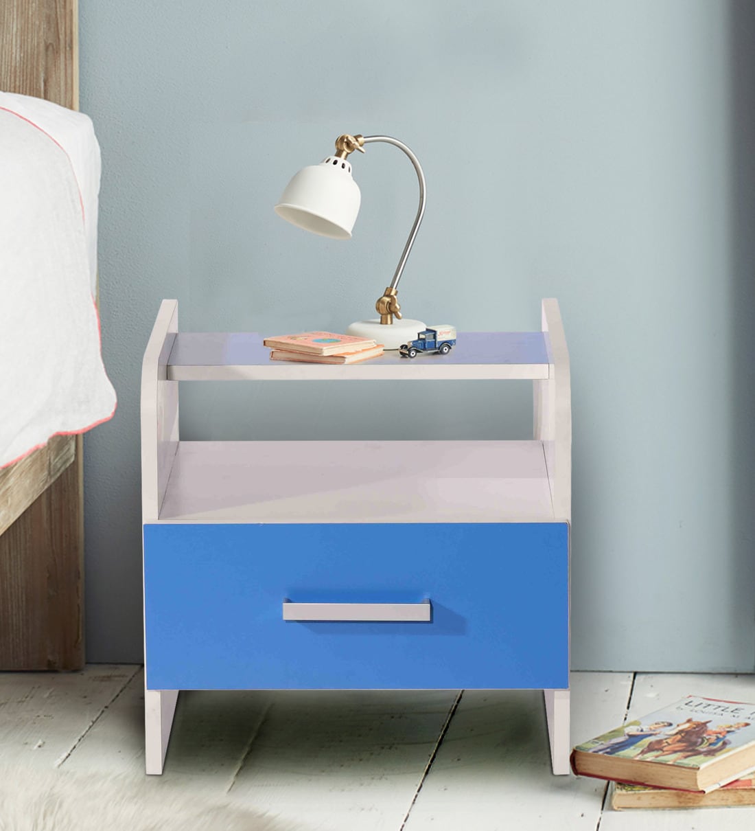 Buy Aqua Bedside Table in White & Blue Finish with Drawer at 44 OFF by