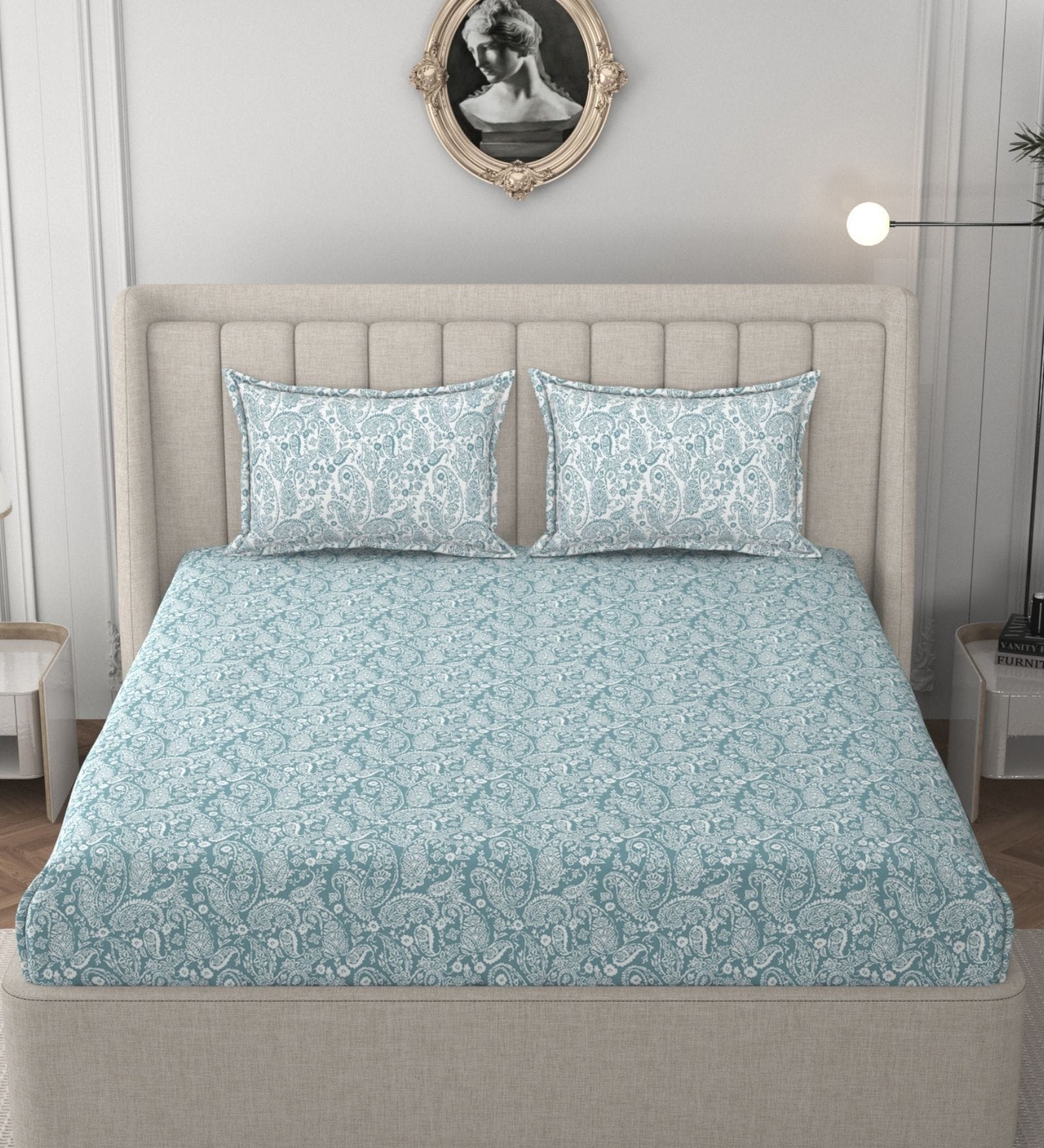 Aqua & White Glace Cotton Paisley Print Elastic Fitted King Bedsheet With 2 Pillow Covers