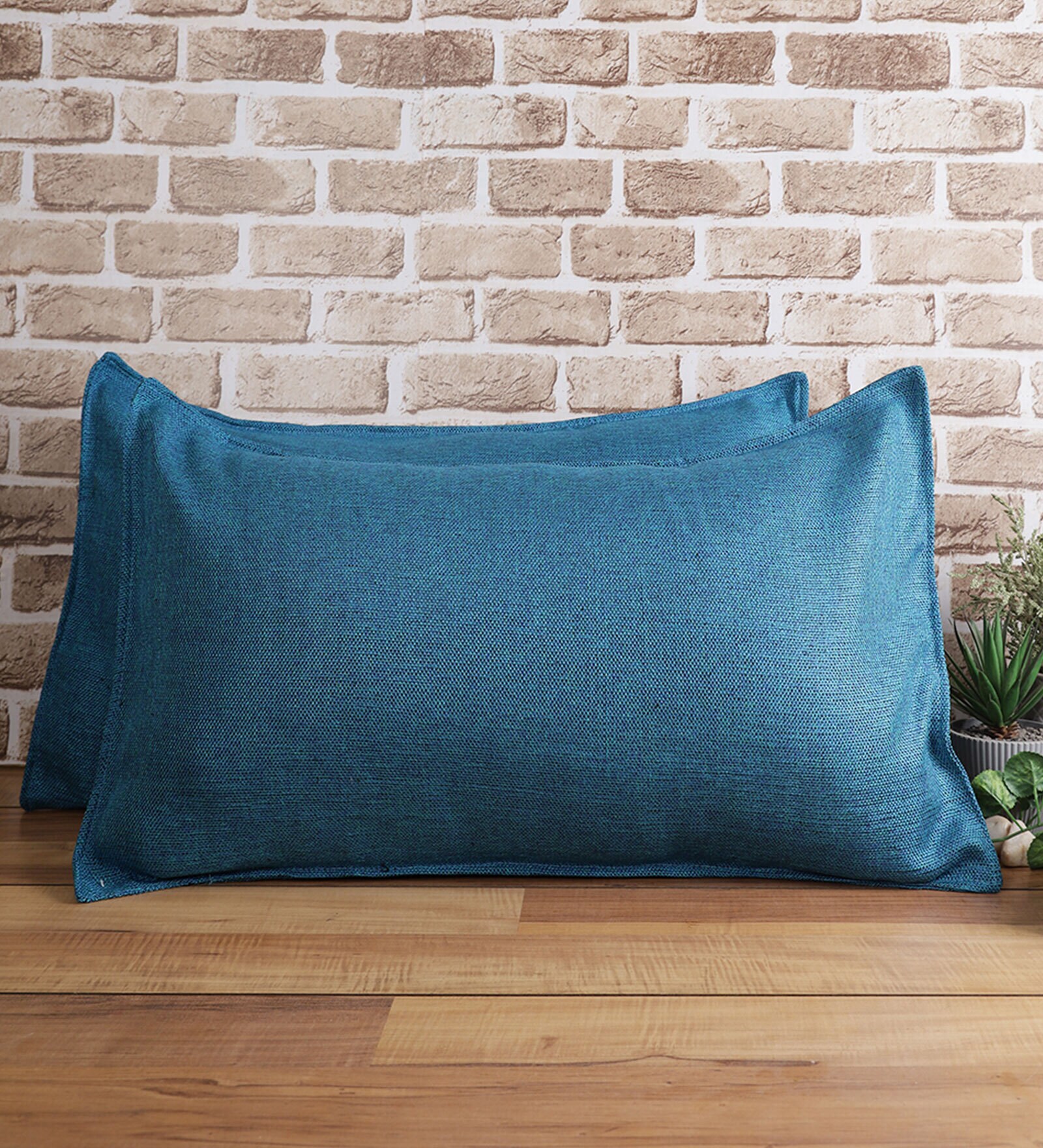 Aqua Solid 210TC Jute 17 x 27 Inches Pillow Covers (Set of 2)