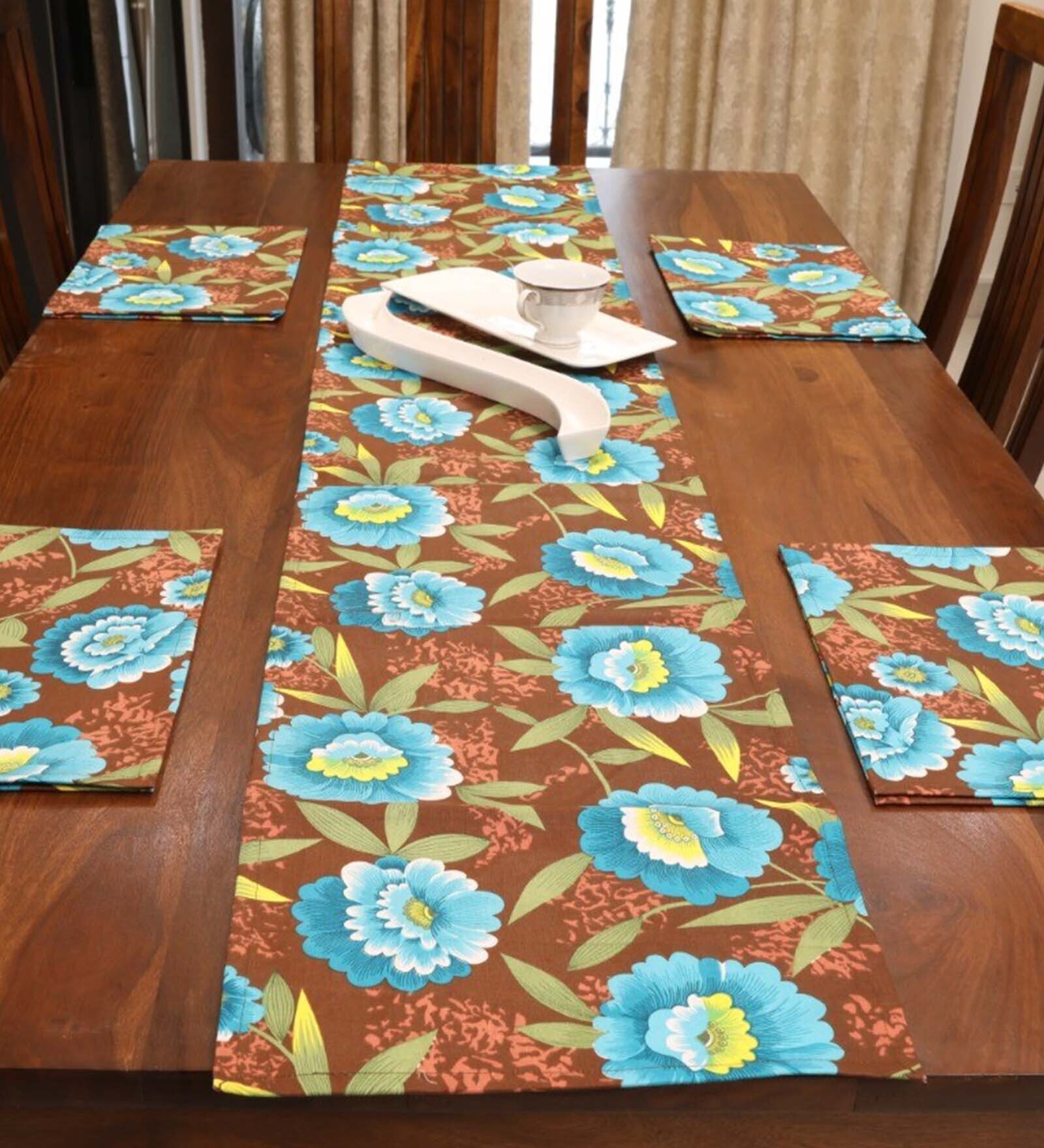 Floral (13x19) Aqua Blue & Brown Cotton (Set of 6) Placemat