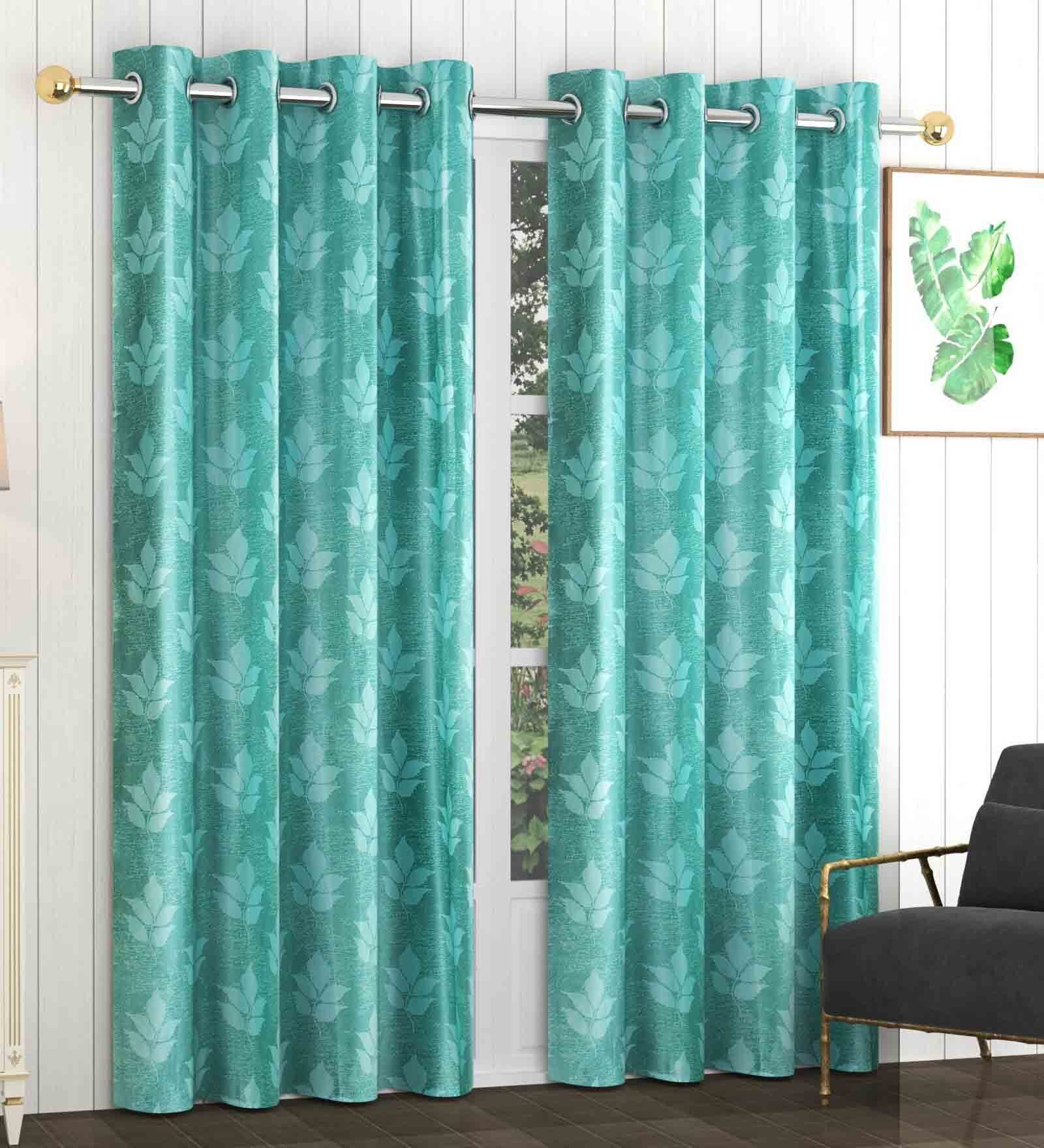 Aqua Blue Polyester Floral 7Ft Inches Semisheer Eyelet Door Curtains (Pack of 2)