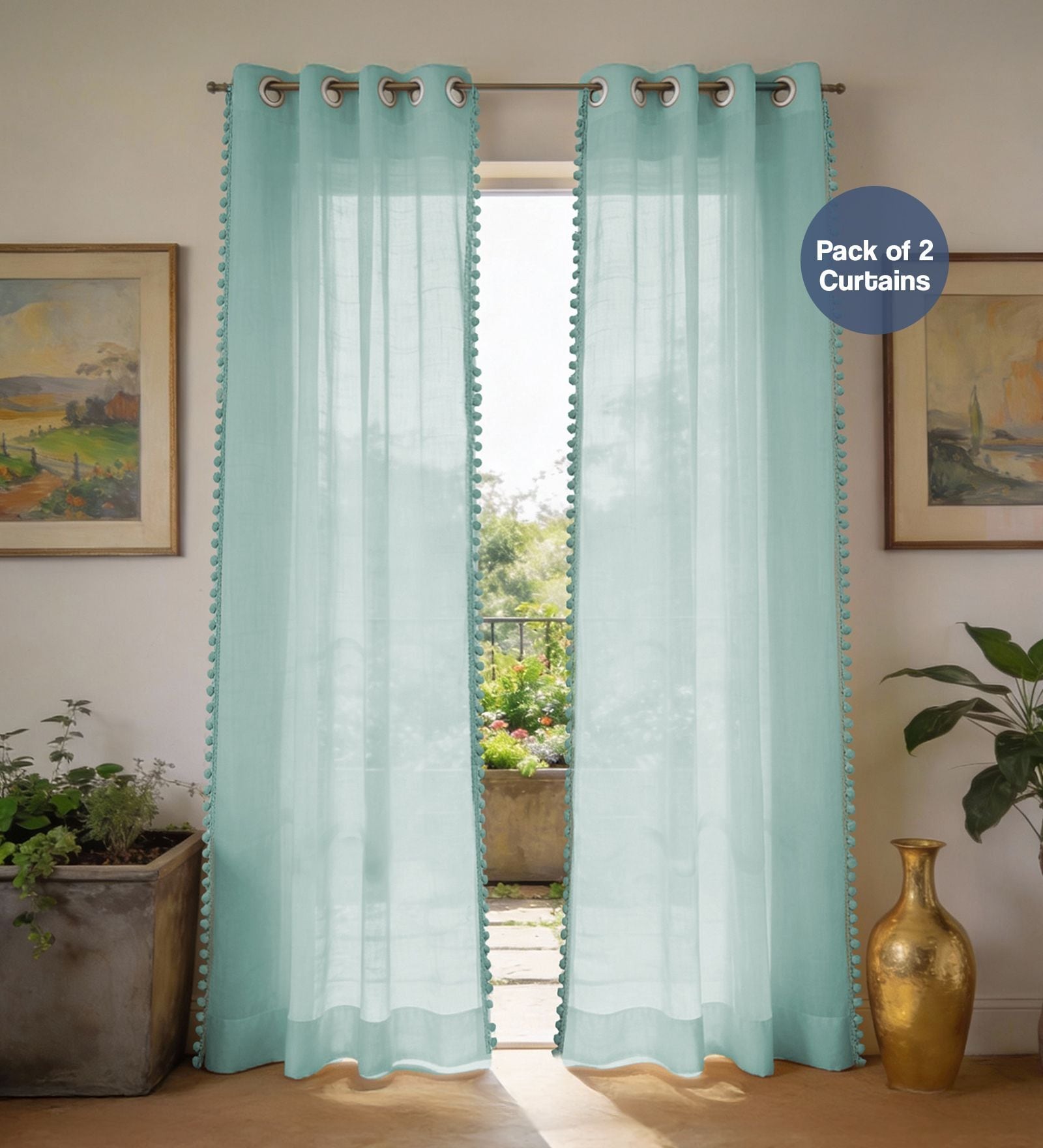 Aqua Blue with pom pomSolid Polyester Curtains for Window Pack of 2