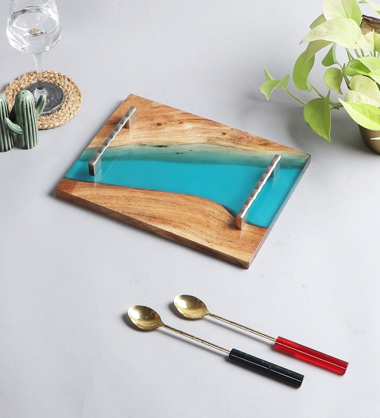 Aqua Blue Wood Handcrafted Serving Tray