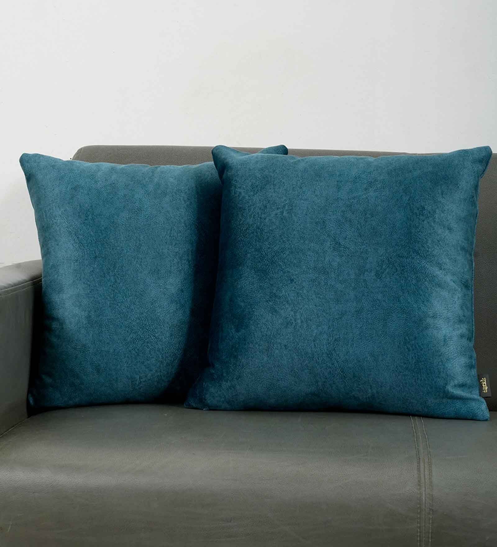 Aqua Woven Cotton 16 x 16 Inches Cushion Covers (Set of 2)