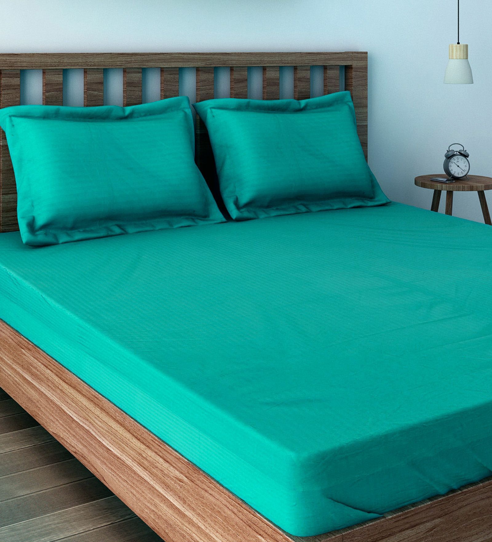 Teal Cotton 400TC Fitted Queen Size Bedsheet With 2 Pillow Covers