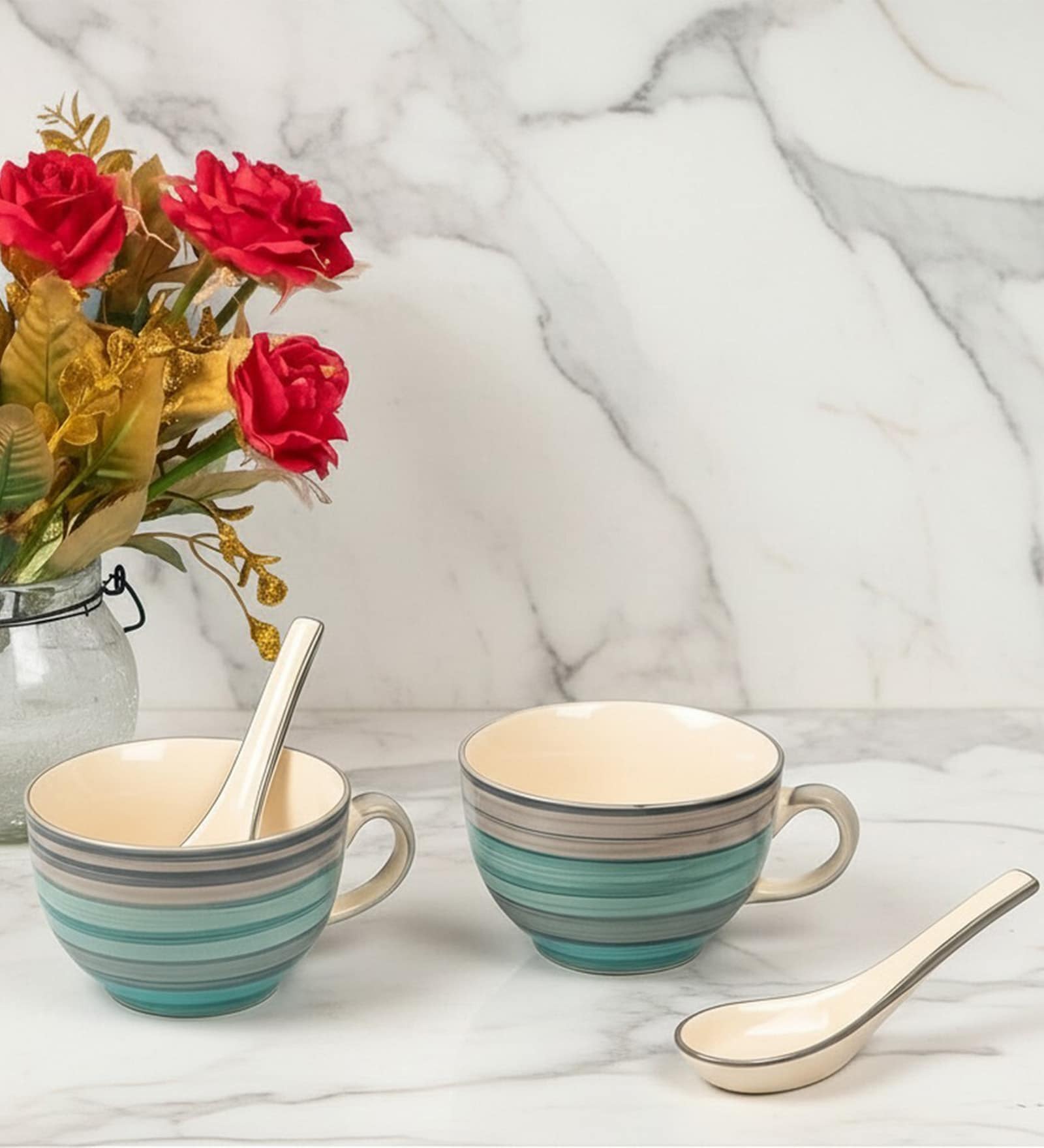 Aqua Drift Seagreen Ceramic Bowl Set of 2(300ml Each)