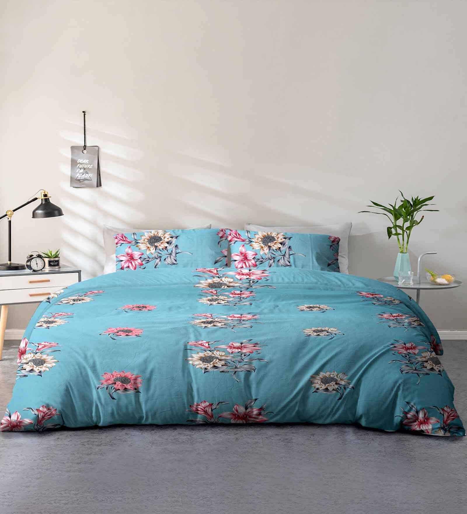 Aqua Floral 144 TC Microfiber Queen Sized Bedsheet With 2 Pillow Covers