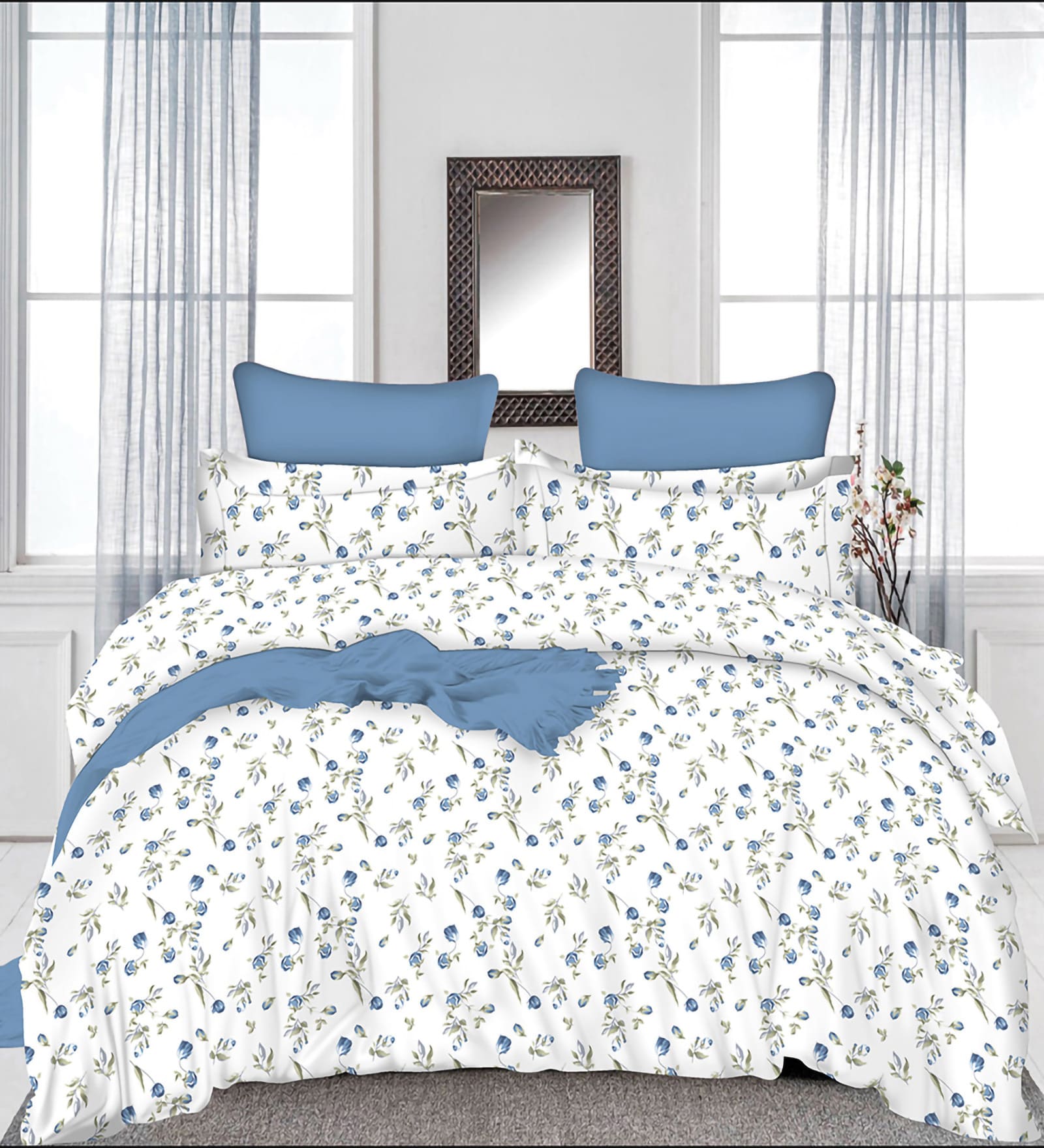 Aqua Floral 200 TC Cotton King Sized Double Bedsheet with 2 Pillow Covers