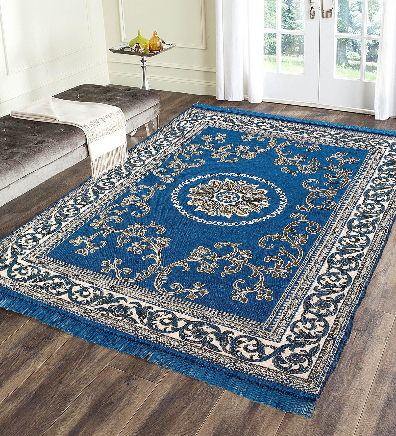 Aqua Floral Chenile 5 X 7 Feet Machine Made Carpet