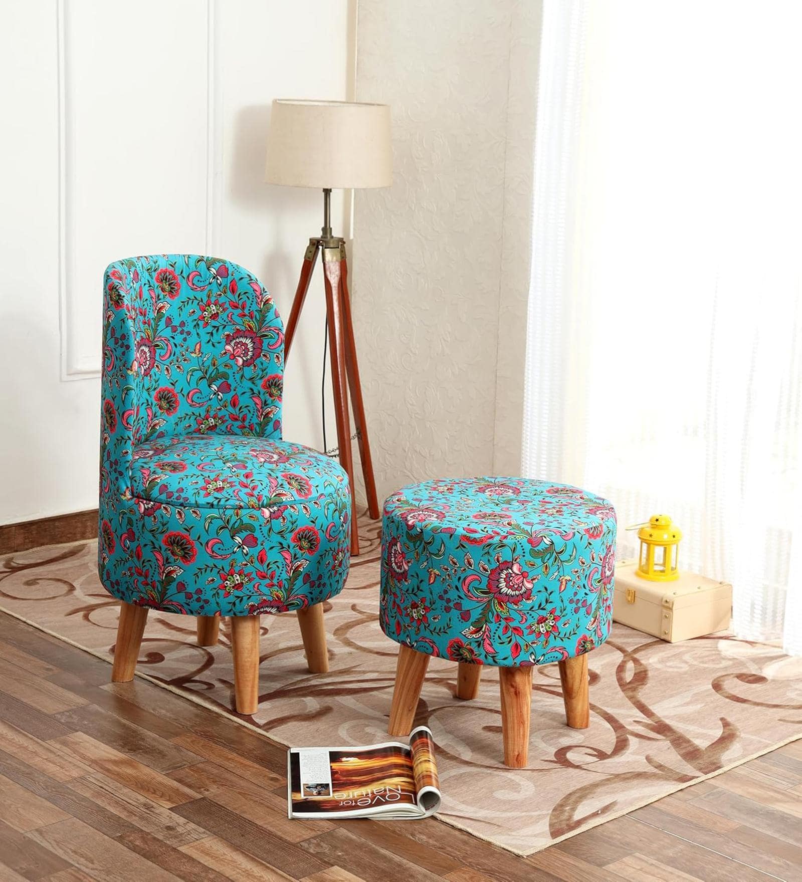 Aqua Floral Printed Chair & Stool in Natural Finish