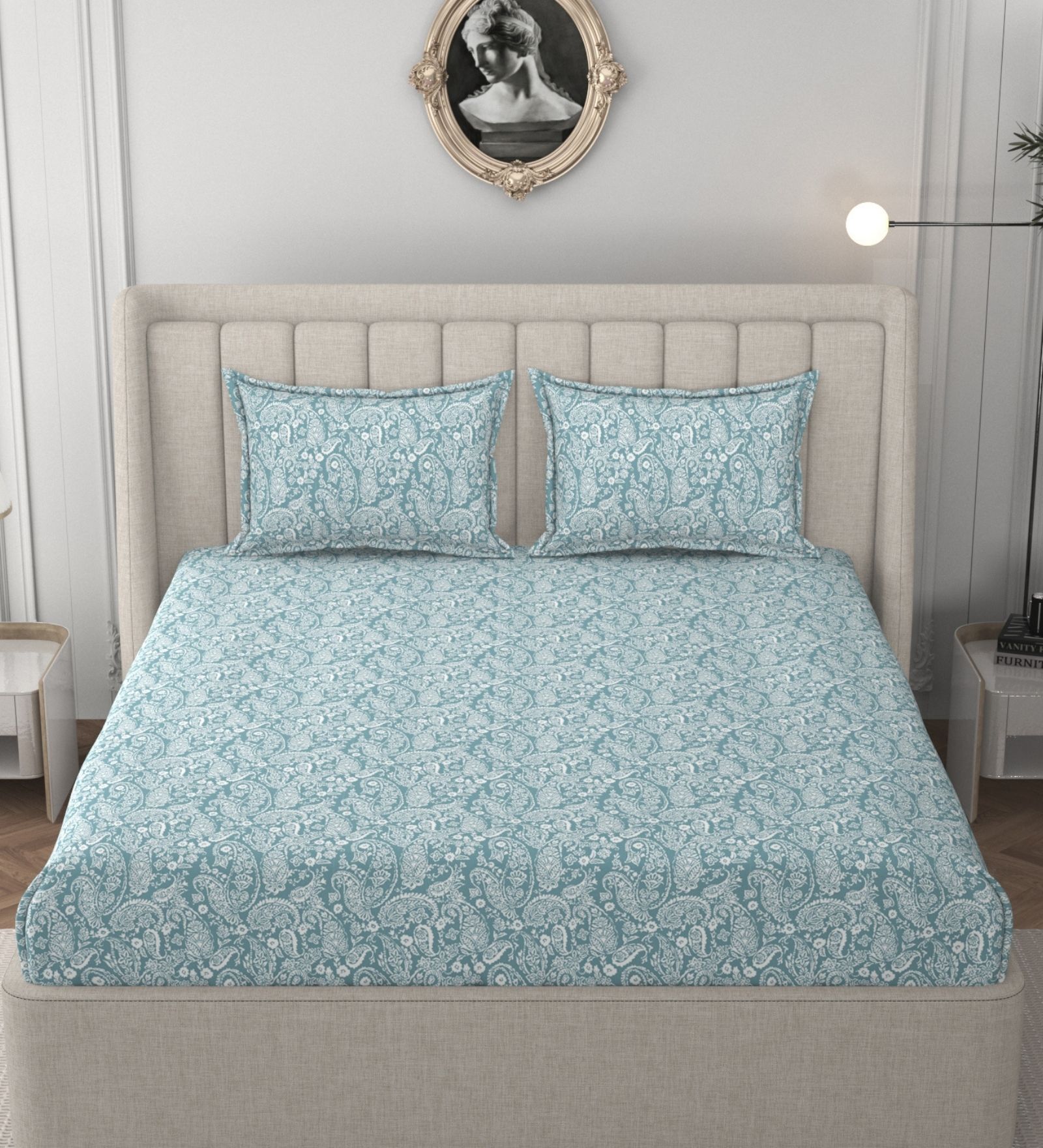 Aqua Glace Cotton Paisley Print Elastic Fitted King Bedsheet With 2 Pillow Covers