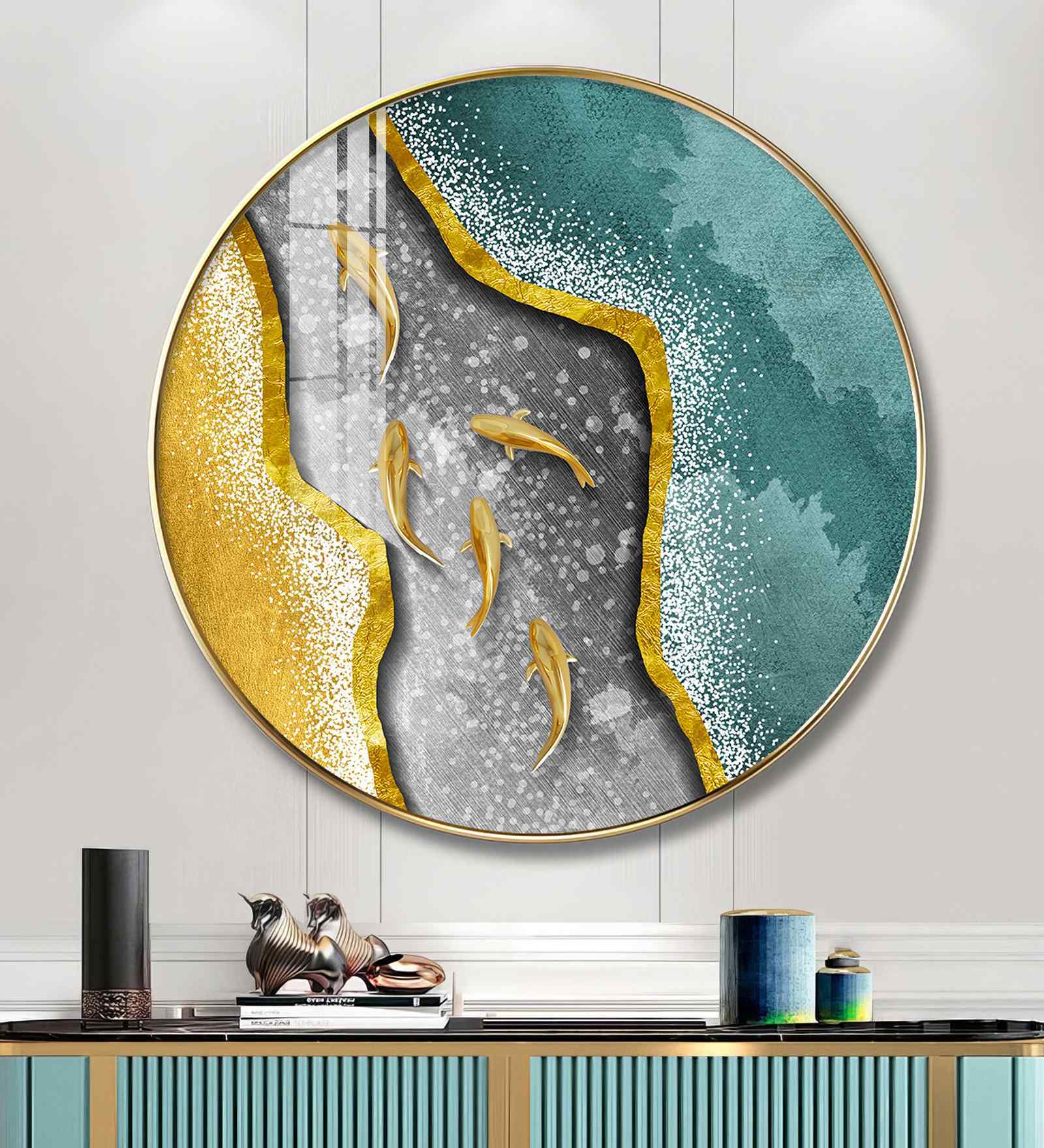 Aqua Gold Acrylic Round Wall Art