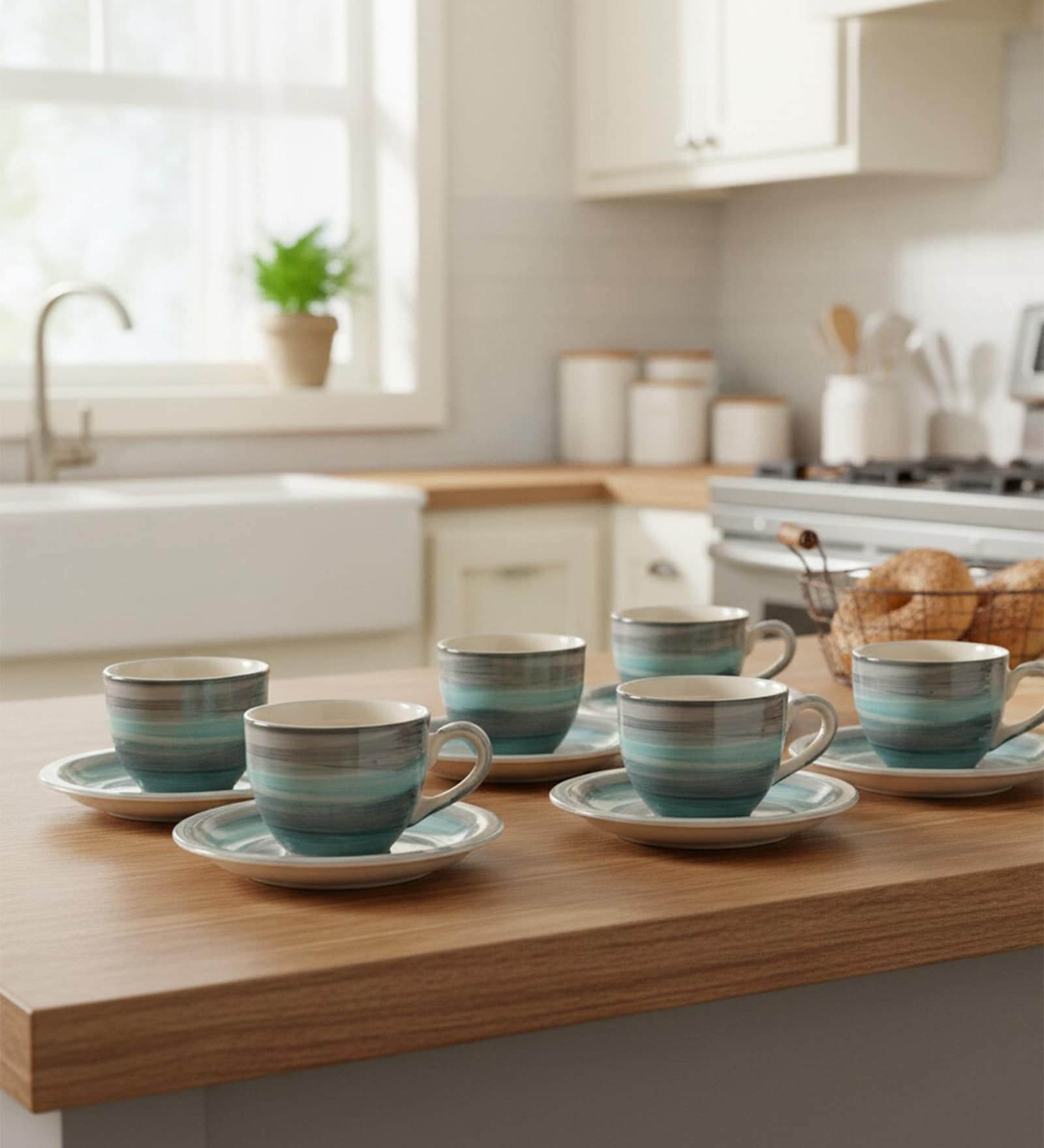 Aqua Mist Ceramic Cup and Saucer Set of 12(130ml) Tea Coffee Cups