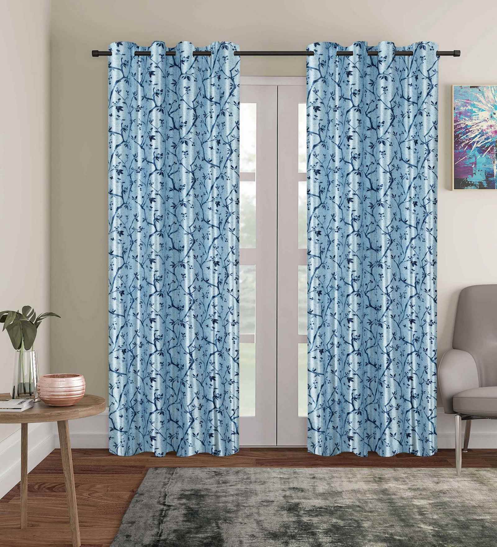 Aqua Polyester Floral 9ft Blackout Eyelet Door Curtains