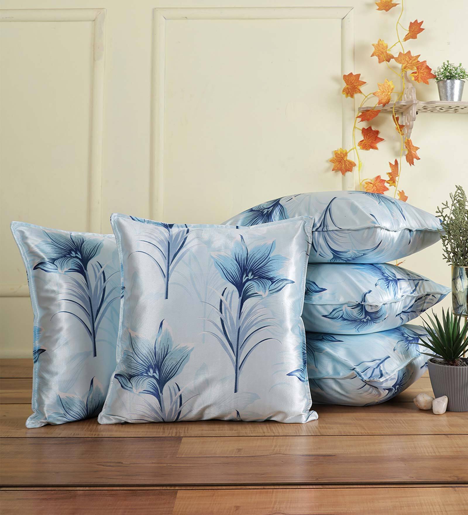 Aqua Floral Polyester Blend 16 x 16 Inches Cushion Covers (Set of 5)