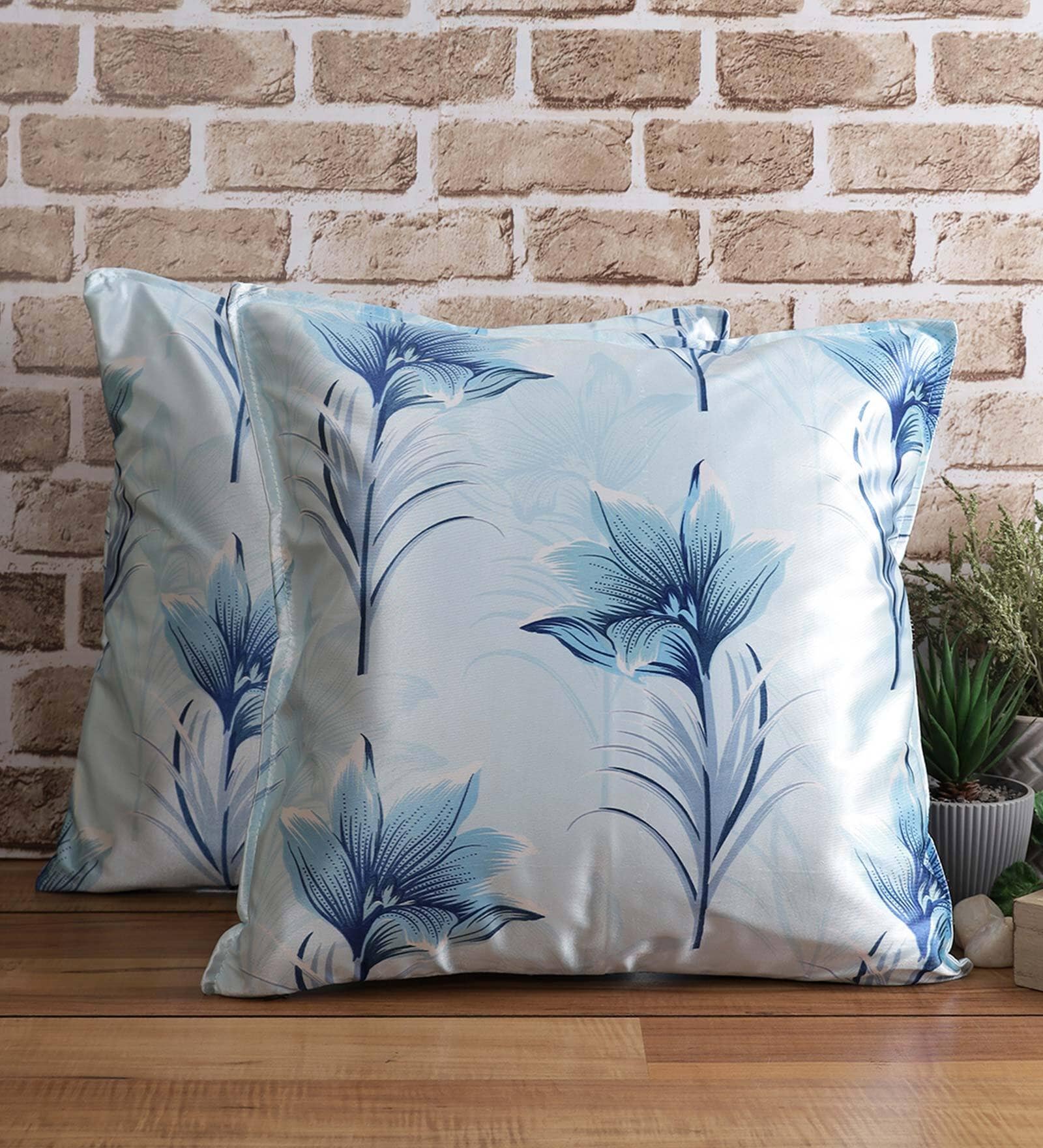 Aqua Floral Polyester Blend 24 x 24 Inches Cushion Covers (Set of 2)