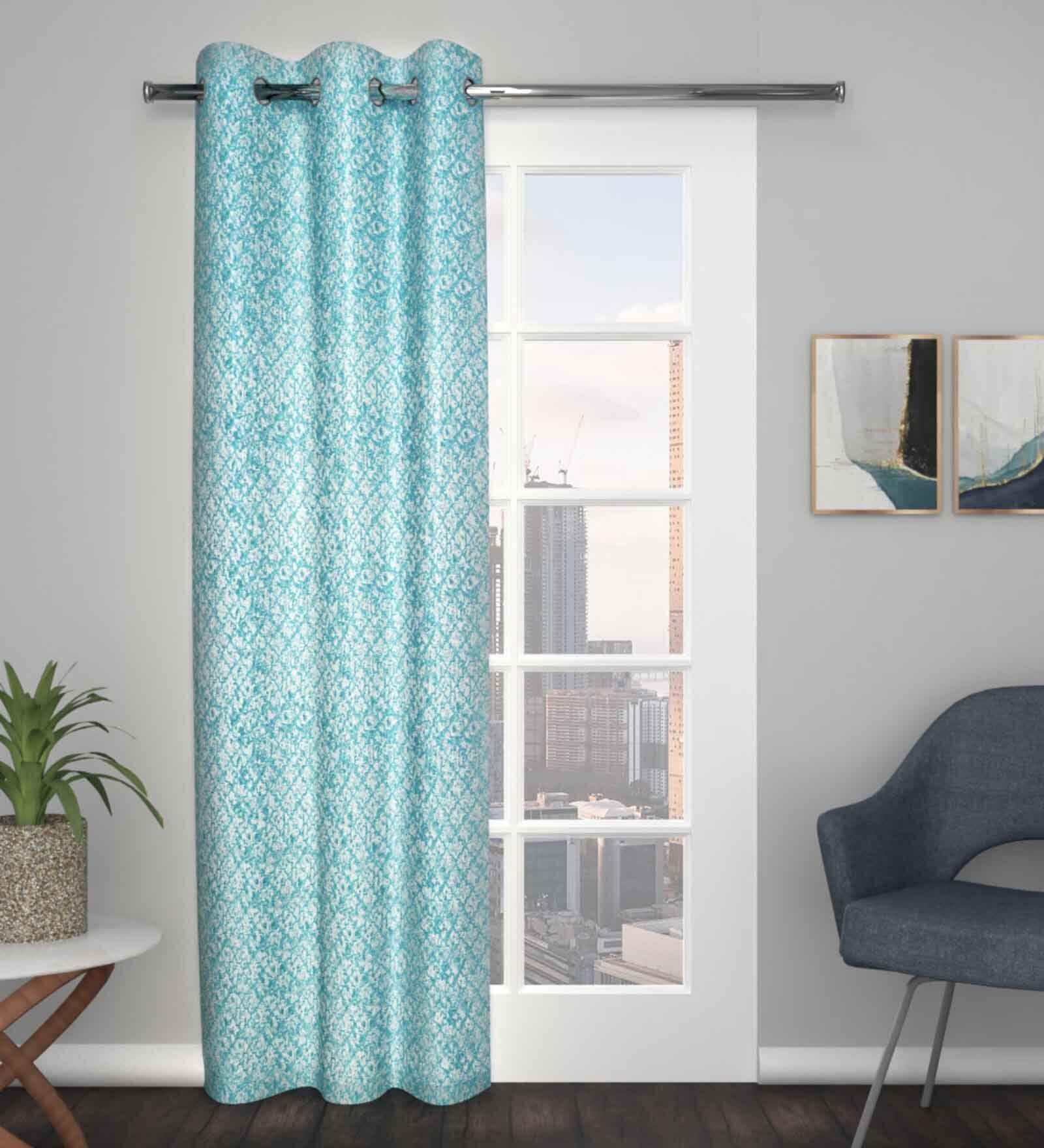Aqua Polyester Blend Geometric 9ft Light Filtering Eyelet Long Curtain