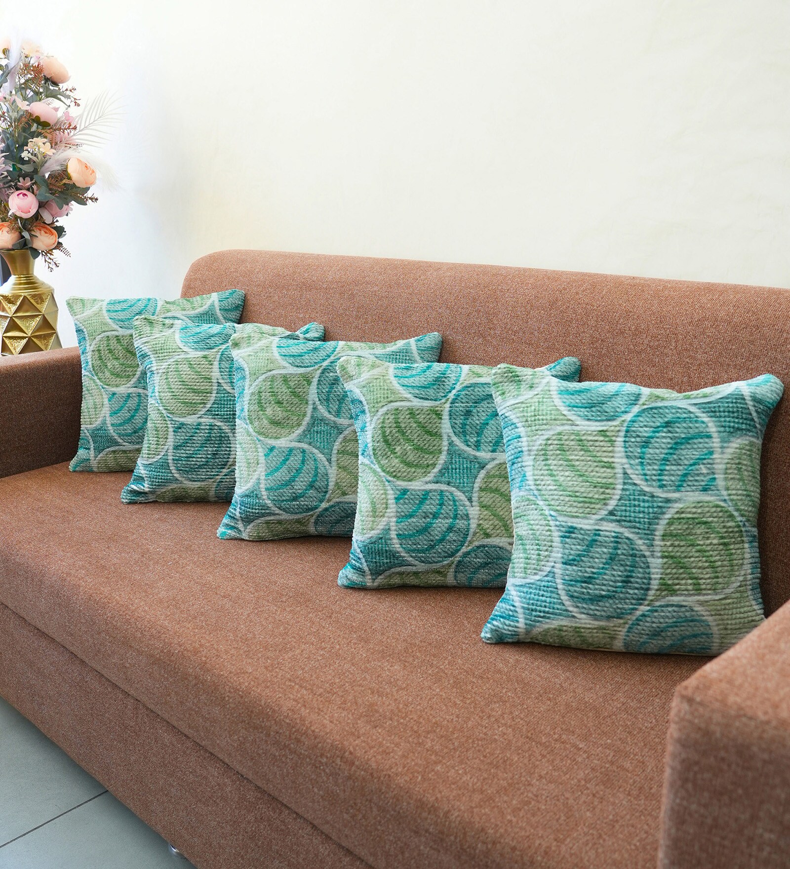 Aqua Polyester Floral 16x16 inches Cushion Covers Set of 5